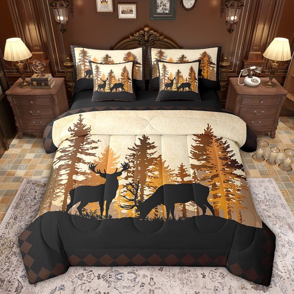 Feelyou Reindeer Elk Adult Bedding Comforter Set 7 Pieces, Western Wildlife Animal Full Bedding Set, Rustic Tree Botanical Reversible Fitted Sheet Flat Sheet, Ultra Soft Bedroom Decor
