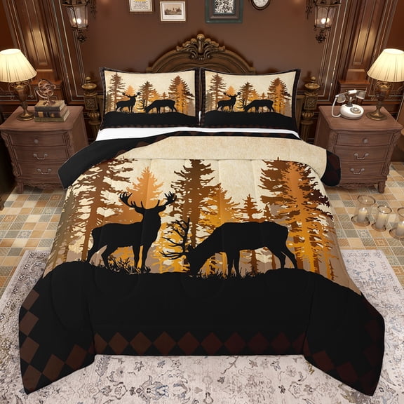 Feelyou Reindeer Elk Adult Full Size Comforter Sets, Western Wildlife Animal Bedding Comforter Set, Rustic Tree Botanical Reversible Bedding Sets, Ultra Soft Bedroom Decor, 3-Piece