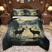 Feelyou Reindeer Elk Animal Bedding Comforter Set for Men, Rustic Tree Mountain Twin Comforter Sets, Southwestern Cabin Reversible Bedding Set, Lightweight Room Decor, 2pcs