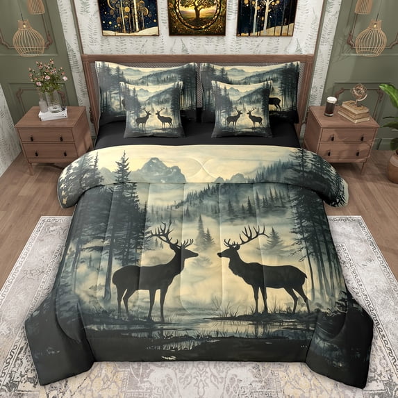 Feelyou Reindeer Elk Animal Twin Bedding Sets 7-Piece for Men, Rustic Tree Mountain Bedding Comforter Set, Southwestern Cabin Reversible Sheet Sets, Lightweight Room Decor