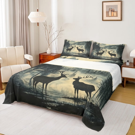 Feelyou Reindeer Elk Animal Twin Sheet Sets for Men, Rustic Tree Mountain Twin Fitted Sheet, Southwestern Cabin Flat Sheet, Lightweight Room Decor, 3pcs