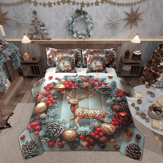 Feelyou Reindeer Elk Bedding Comforter Set 7pcs for Teen, Christmas Pine Plant King Bedding Sets, Winter Festival Holiday Reversible Bed Sheets, Ultra Soft Home Decor, 3pcs