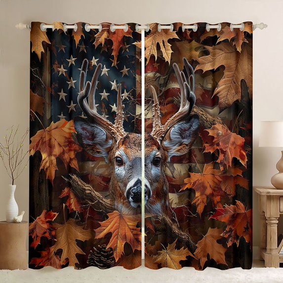 Feelyou Reindeer Elk Curtains Pack of 2 (42x84 Each), Maple Leaves Plant Curtains Blackout