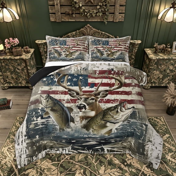 Feelyou Retro American Flag Buck Fishing Full Size Comforter Sets for Men Boys, Bass Pike Fish Animal Bedding Sets, Beige, Black Reversible, 3 Pieces