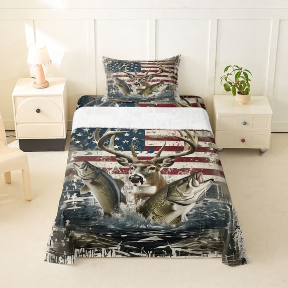 Feelyou Retro American Flag Buck Fishing Twin Sheet Sets for Men Boys, Bass Pike Fish Animal Bedding, Beige, 3 Pieces