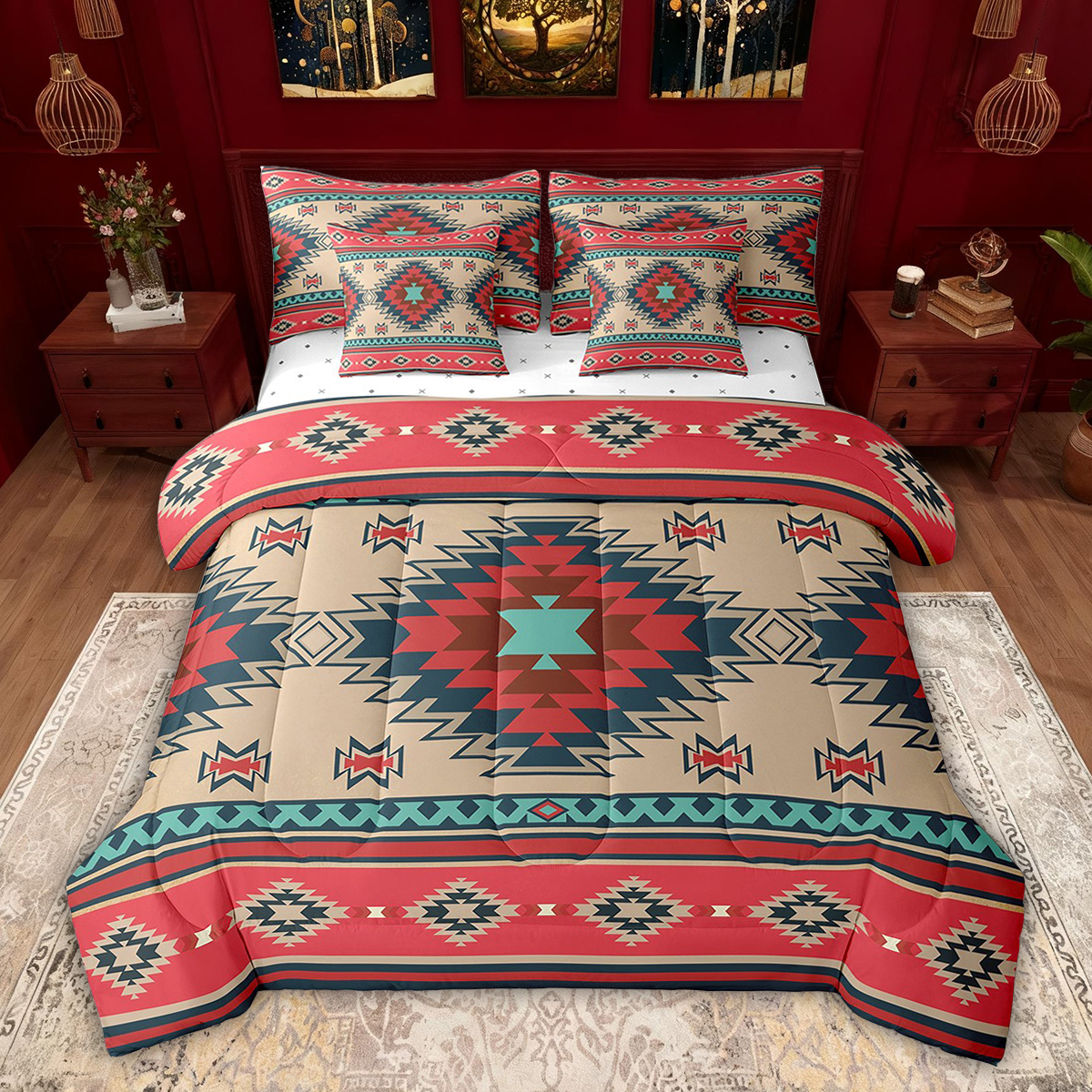 Feelyou Retro Aztec Adult Bedding Comforter Set 7pcs, Red Mandala ...