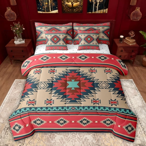 Feelyou Retro Aztec Adult Bedding Comforter Set 7pcs, Red Mandala Triangle Queen Bedding Sets, Bohemian Southwestern Theme Reversible Queen Sheet Sets, Breathable Home Decor
