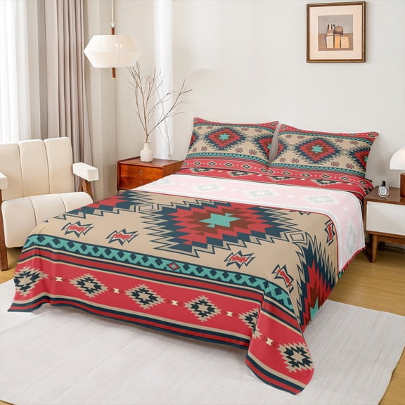 Feelyou Retro Aztec Adult Full Size Sheets, Red Mandala Triangle Bed Sheets, Bohemian Southwestern Theme Sheet Sets, Breathable Home Decor, 4-Piece