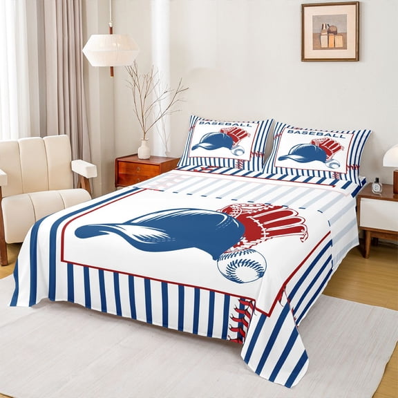 Feelyou Retro Baseball Hat Bed Sheets, Blue Stripes Lines King Sheets, 4pcs