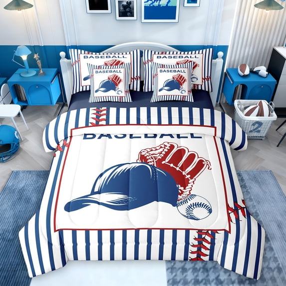 Feelyou Retro Baseball Hat Comforter Set 7pcs, Blue Stripes Lines Queen Bedding Sets