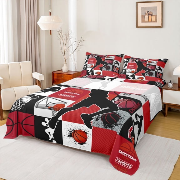 Feelyou Retro Basketball Collage Bed Sheets for Boys, Player Silhouette Sport Full Size Sheets, Red Black, 4 Pieces, 1 Flat Sheet, 1 Fitted Sheet and 2 Pillowcases