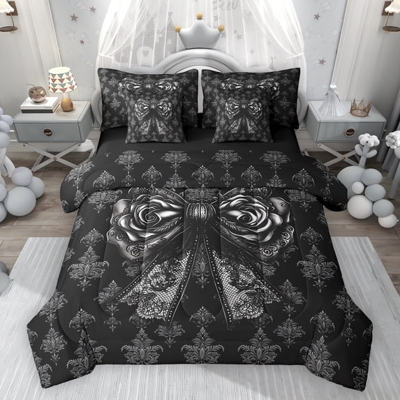 Feelyou Retro Black Bowknot Comforter Set 7pcs, Western Damask Flower King Bedding Sets