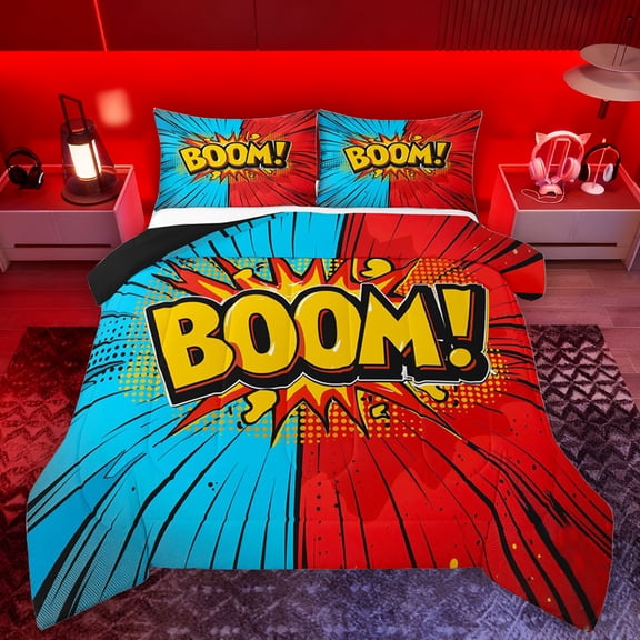 Feelyou Retro Boom Bedding Comforter Set for Boys, Gamer Gaming Twin Comforter Sets, Blue Red Stripes Graffiti Reversible Bedding Set, Microfiber Bedroom Decor, 2pcs