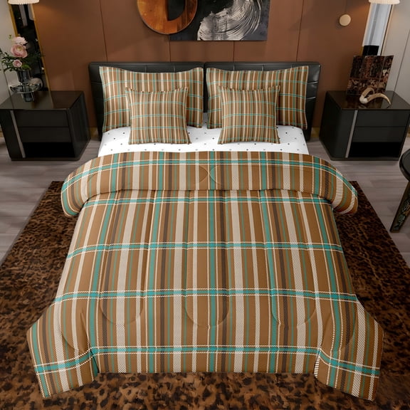 Feelyou Retro Brown Plaid Twin Bedding Sets 7pcs, Stripes Lines Buffalo Comforter Set