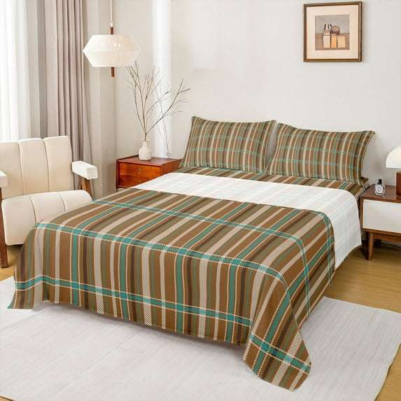 Feelyou Retro Brown Plaid Twin Sheet Sets, Stripes Lines Buffalo Bedding, 3 Pieces