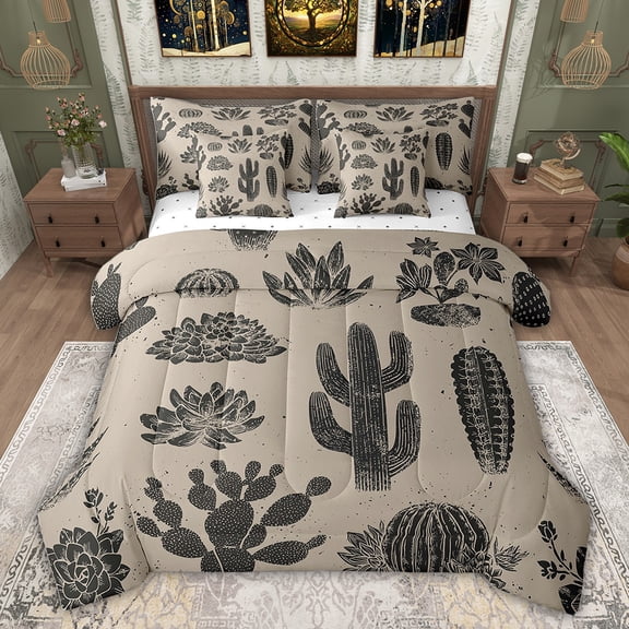 Feelyou Retro Cactus Print Bedding Comforter Set 7 Pieces, Succulent Plant Botanical Full Bedding Set, Southwestern Reversible Fitted Sheet Flat Sheet, Lightweight Room Decor