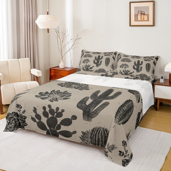 Feelyou Retro Cactus Print Full Size Sheets, Succulent Plant Botanical Bed Sheets, Southwestern Sheet Sets, Lightweight Room Decor, 4pcs