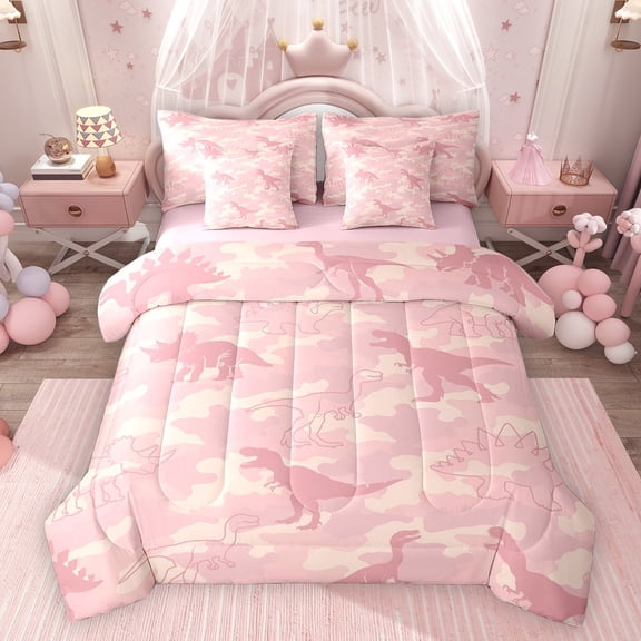 Feelyou Retro Camo Teen Bedding Comforter Set 7pcs, Pink Dinosaur Animal King Bedding Sets