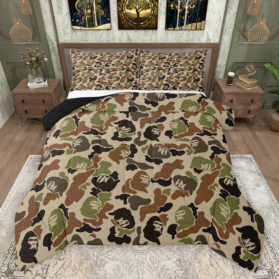 Feelyou Retro Camouflage Camo Bedding Comforter Set, Rustic Gorilla Wildlife Twin Comforter Sets, Green Abstract Reversible Bedding Set, Super Cozy Room Decor, 2-Piece