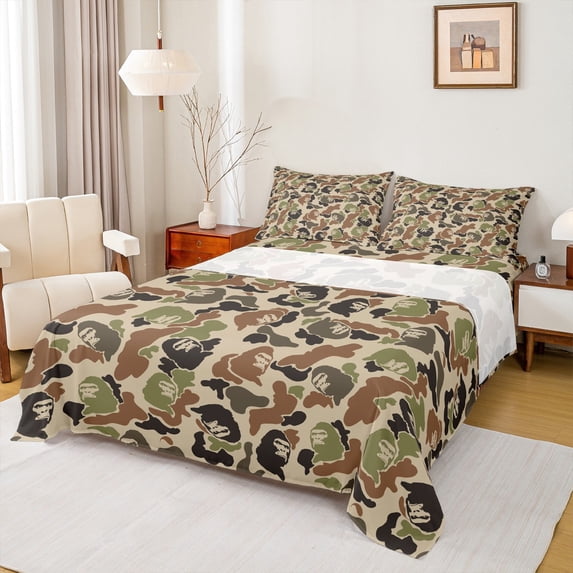 Feelyou Retro Camouflage Camo Queen Sheet Sets, Rustic Gorilla Wildlife Flat Sheet, Green Abstract Queen Fitted Sheet, Super Cozy Room Decor, 4-Piece
