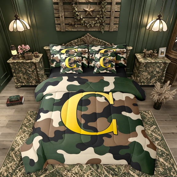 Feelyou Retro Camouflage Initial C Full Size Bedding Sets for Kids Boys, Rustic Farmhouse Full Size Bed in a Bag, Camo Green, Black Reversible, 7-Piece
