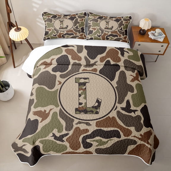 Feelyou Retro Camouflage Letter L Quilt Full for Men Boys, Hunting Duck Print Full Bedspread Sets, 3pcs