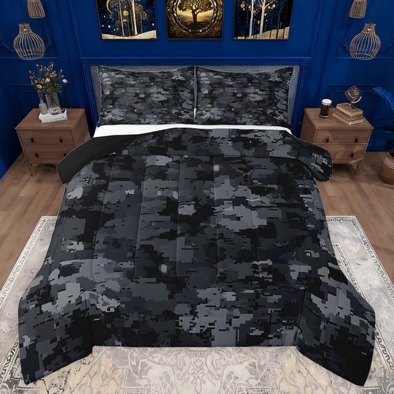 Feelyou Retro Camouflage Queen Comforter Set, Black Camo Abstract Bedding Sets, Teens Kids Boys Girls Reversible Bedding Comforter Set, Lightweight Room Decor, 3 Pieces