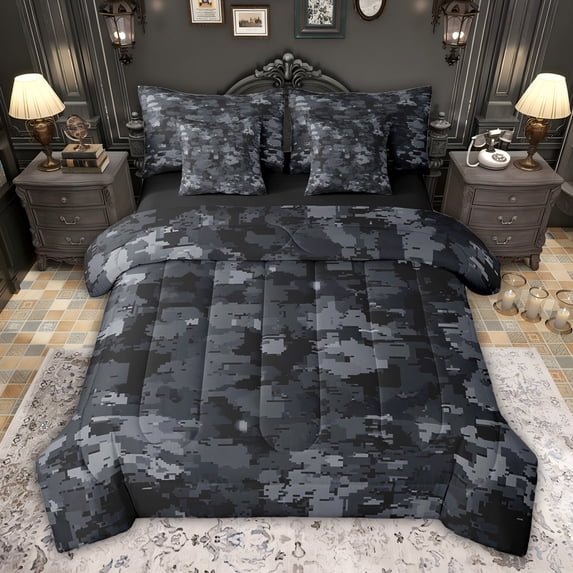 Feelyou Retro Camouflage Twin Bedding Sets 7-Piece, Black Camo Abstract Bedding Comforter Set, Teens Kids Boys Girls Reversible Sheet Sets, Lightweight Room Decor