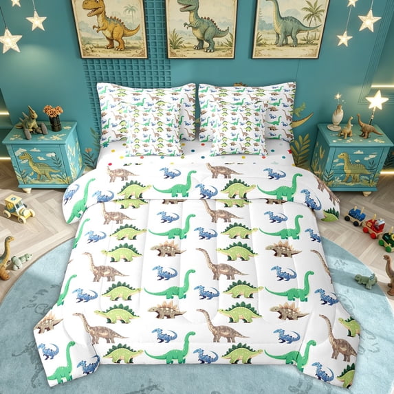 Feelyou Retro Cartoon Dinosaur Bedding Comforter Set for Kids Boys Girls, Kawaii Ancient Wildlife King Bedding Sets, Green White, Polkadot Reversible, 7pcs