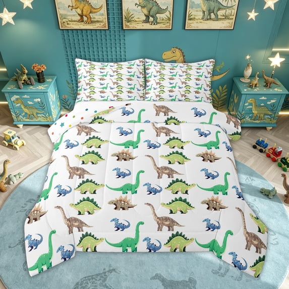 Feelyou Retro Cartoon Dinosaur Full Size Comforter Sets for Kids Boys Girls, Kawaii Ancient Wildlife Bedding Sets, Green White, Polkadot Reversible, 3pcs