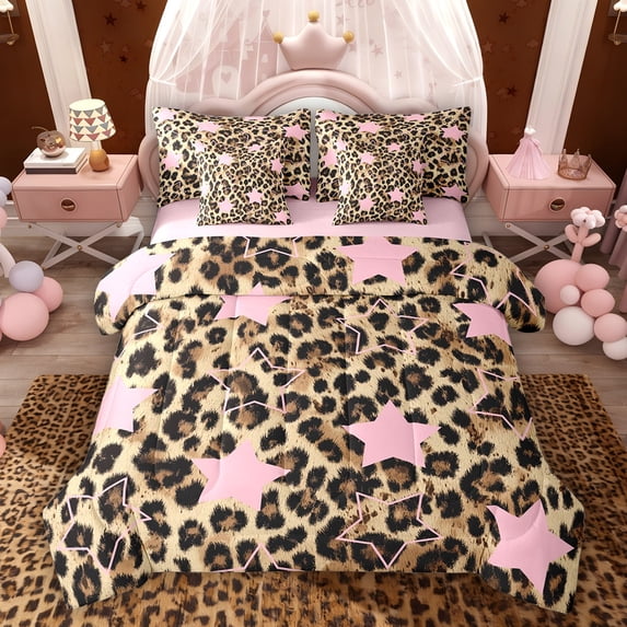 Feelyou Retro Cheetah Print Bedding Comforter Set 7pcs, Western Stars Queen Bedding Sets