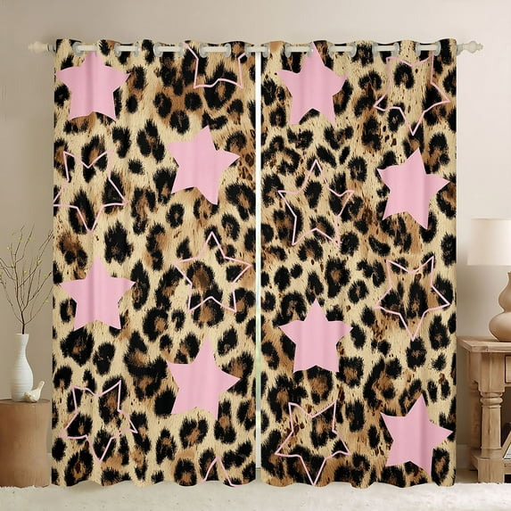 Feelyou Retro Cheetah Print Black Out Curtains, Stars Curtains Pack of 2 (42x63 Each)