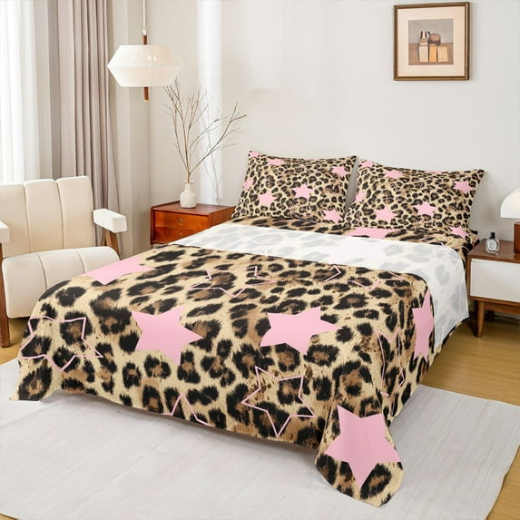 Feelyou Retro Cheetah Print Twin Sheet Sets, Cartoon Western Stars Bedding, 3-Piece