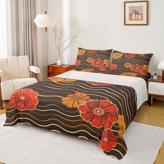 Feelyou Retro Cherry Blossoms Bed Sheets, Tokyo Flower Floral King Sheets, Fashion Stripes Waves Sheet Set, Ultra Soft Bedroom Decor, 4 Pieces
