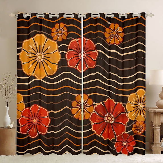 Feelyou Retro Cherry Blossoms Black Out Curtains, Tokyo Flower Floral Curtains Pack of 2 (42x63 Each), Fashion Stripes Waves Bedroom Curtains, Living Room Curtains Decor