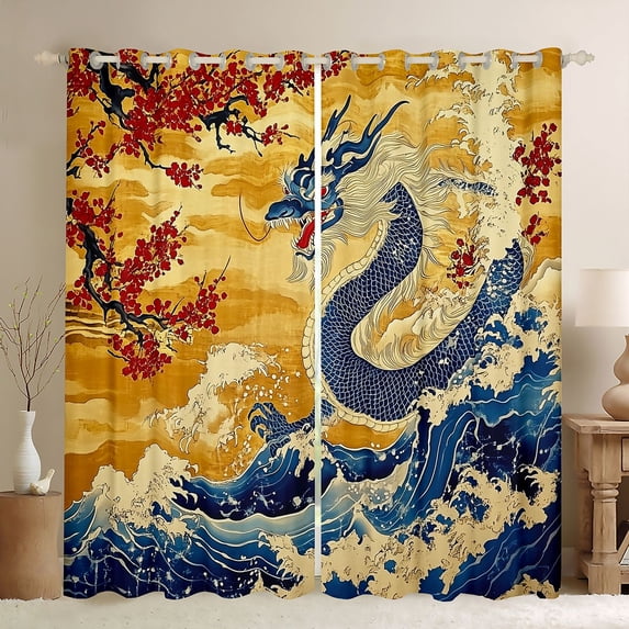 Feelyou Retro Chinese Dragon Black Out Curtains for Kids Boys Teens, Ukiyo Wave Blossom Curtains Pack of 2 (42x63 Each), Gold Blue Red