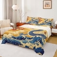 thumbnail image 1 of Feelyou Retro Chinese Dragon Full Size Sheets for Kids Boys Teens, Ukiyo Wave Blossom Bed Sheets, Gold Blue Red, 4-Piece, 1 of 5