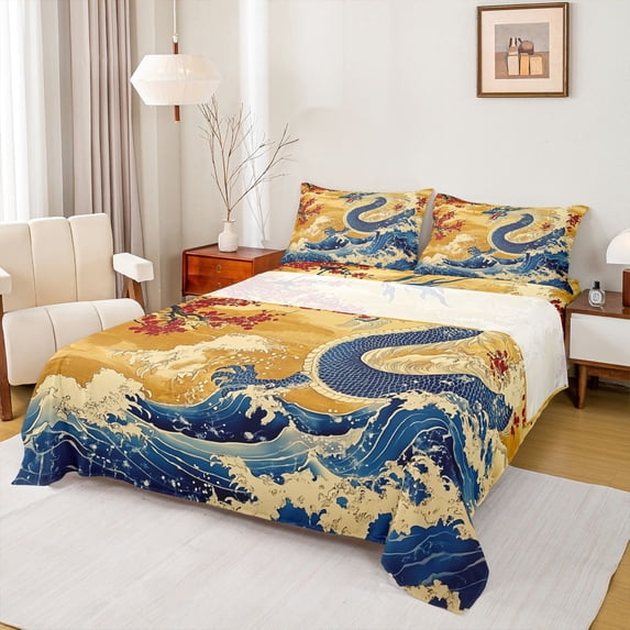 Feelyou Retro Chinese Dragon Full Size Sheets for Kids Boys Teens, Ukiyo Wave Blossom Bed Sheets, Gold Blue Red, 4-Piece