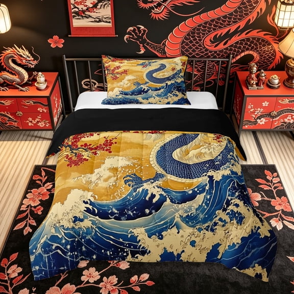 Feelyou Retro Chinese Dragon Twin Comforter Sets for Kids Boys Teens, Ukiyo Wave Blossom Bedding Set, Gold Blue Red, Black Reversible, 2-Piece