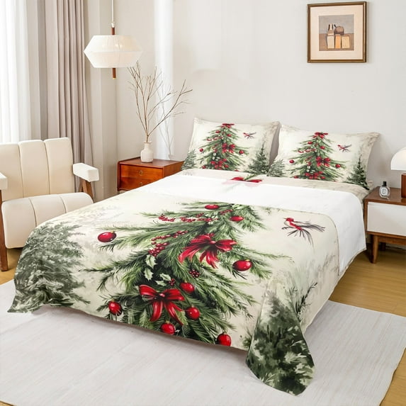 Feelyou Retro Christmas Tree Queen Sheet Sets, Red Princess Bowknot Flat Sheet, Winter Plant Pine Queen Fitted Sheet, Luxury Bedroom Decor, 4pcs