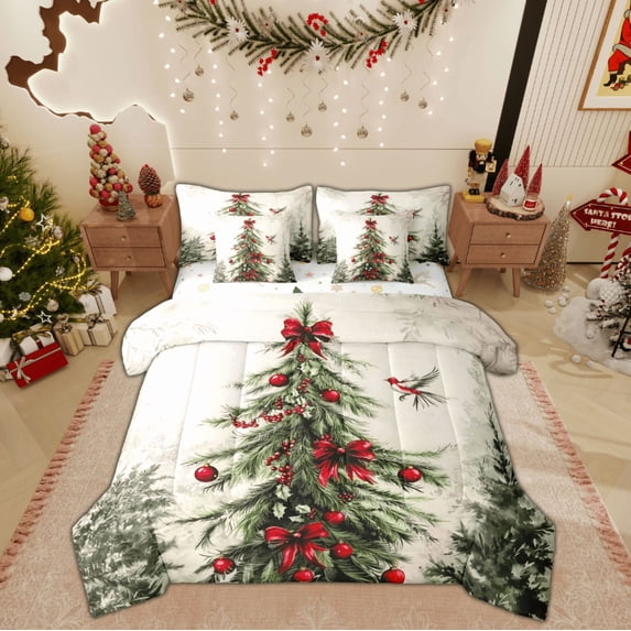 Feelyou Retro Christmas Tree Twin Bedding Sets 7-Piece, Red Princess Bowknot Bedding Comforter Set, Winter Plant Pine Reversible Sheet Sets, Luxury Bedroom Decor