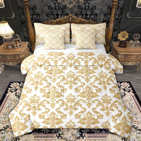 Feelyou Retro Damask Women Comforter Set 7pcs, White Gold Mandala Queen Bedding Sets