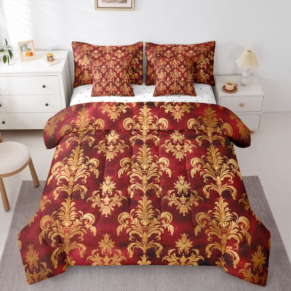 Feelyou Retro Damask Women Twin Bedding Sets 7pcs, Red Gold Mandala Flower Comforter Set