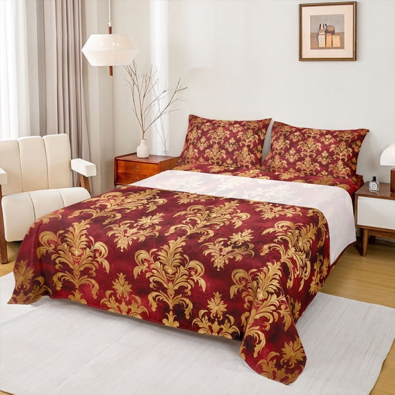 Feelyou Retro Damask Women Twin Sheet Sets, Red Gold Mandala Flower Bedding, 3 Pieces