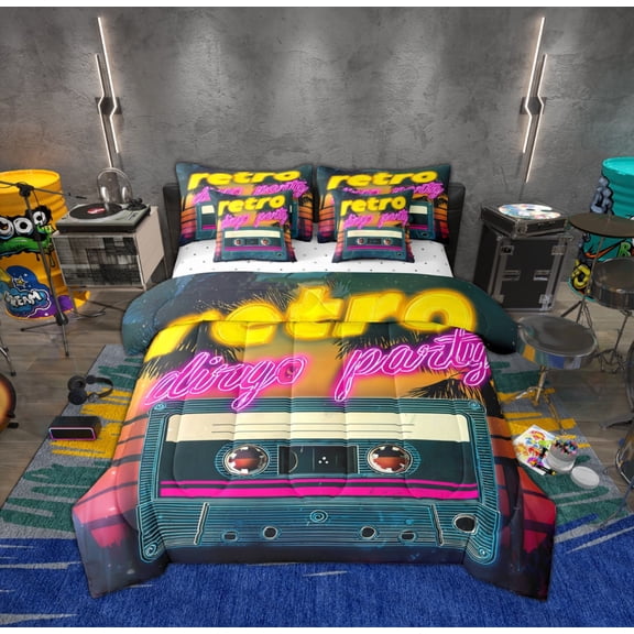 Feelyou Retro Disco Music Bedding Comforter Set 7pcs, Happy Beach Party Queen Bedding Sets, Teen Boy Girl Kid Queen Sheet Sets, Super Cozy Room Decor