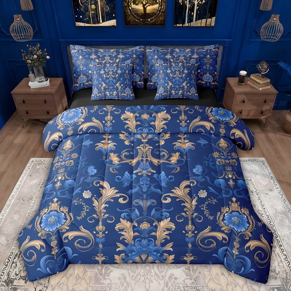 Feelyou Retro Fashion Damask Bedding Comforter Set 7pcs, Western Mandala Paisley King Bedding Sets, Blue Gold Boho Flower Reversible Bed Sheets, Lightweight Room Decor
