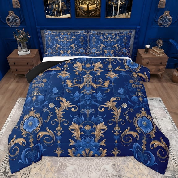 Feelyou Retro Fashion Damask Bedding Comforter Set, Western Mandala Paisley Twin Comforter Sets, Blue Gold Boho Flower Reversible Bedding Set, Lightweight Room Decor, 2 Pieces