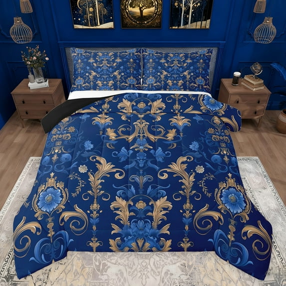 Feelyou Retro Fashion Damask Bedding Comforter Set, Western Mandala Paisley Twin Comforter Sets, Blue Gold Boho Flower Reversible Bedding Set, Lightweight Room Decor, 2 Pieces