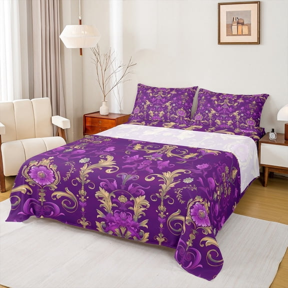 Feelyou Retro Fashion Damask Twin Sheet Sets, Western Mandala Paisley Twin Fitted Sheet, Purple Gold Boho Flower Flat Sheet, Ultra Soft Bedroom Decor, 3-Piece
