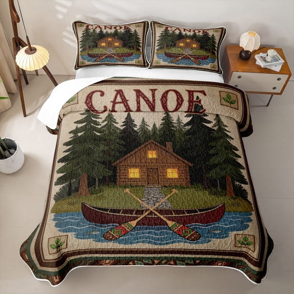 Feelyou Retro Folk Cabin Camping Quilt King for Men Boys, Woodland Mountain Lake Paddle King Coverlet Set, Brown, 3-Piece